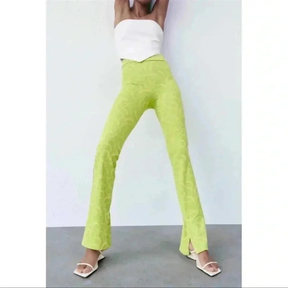 NWT Zara Lime Green Flared Jacquard Pants - Size XS Split Hem Retro ❤️
